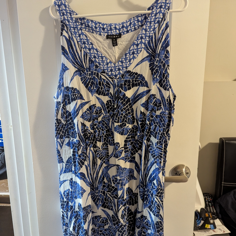 Blue and White Floral Sleeveless Dress 3X